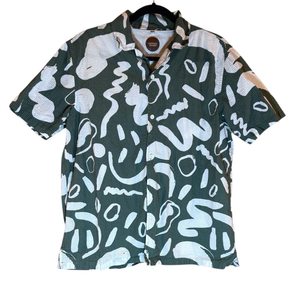 Common People Green Abstract Seersucker Cotton Short Sleeve Camp Shirt Mediumi